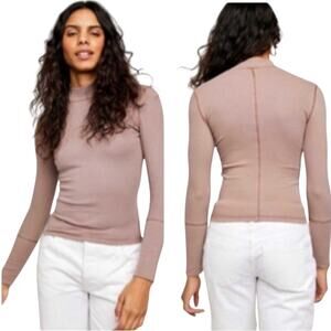 Free People Rickie Knit Top Long Sleeve Mock Neck Fitted Ribbed Coyote Taupe S